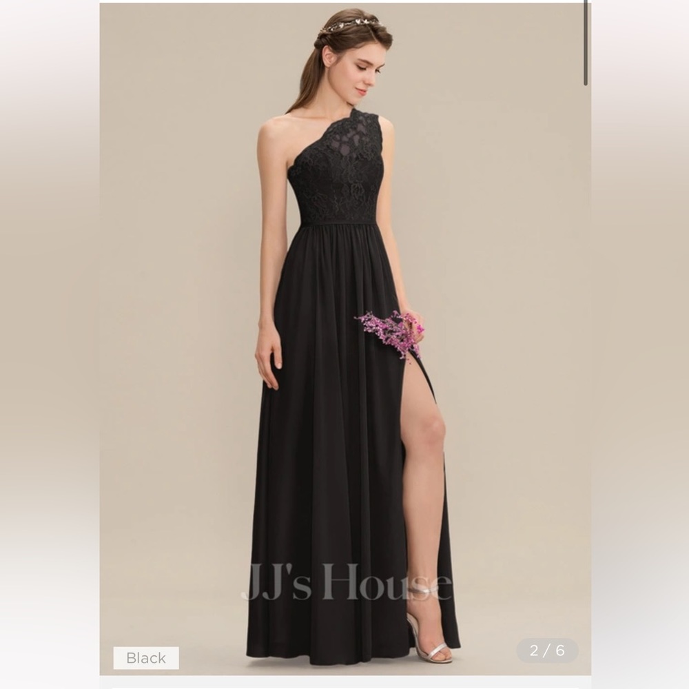 A-line One Shoulder Floor-Length Chiffon Lace Bridesmaid Dress 002